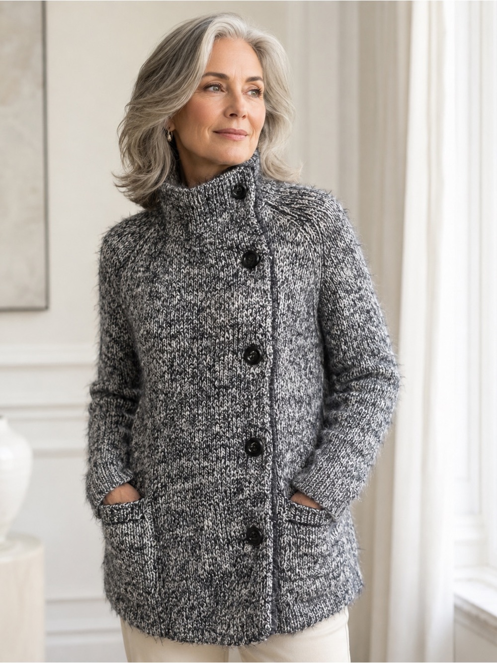LILLA P Thick Cotton Blend Long Zip and button front Sweater Coat Womens S